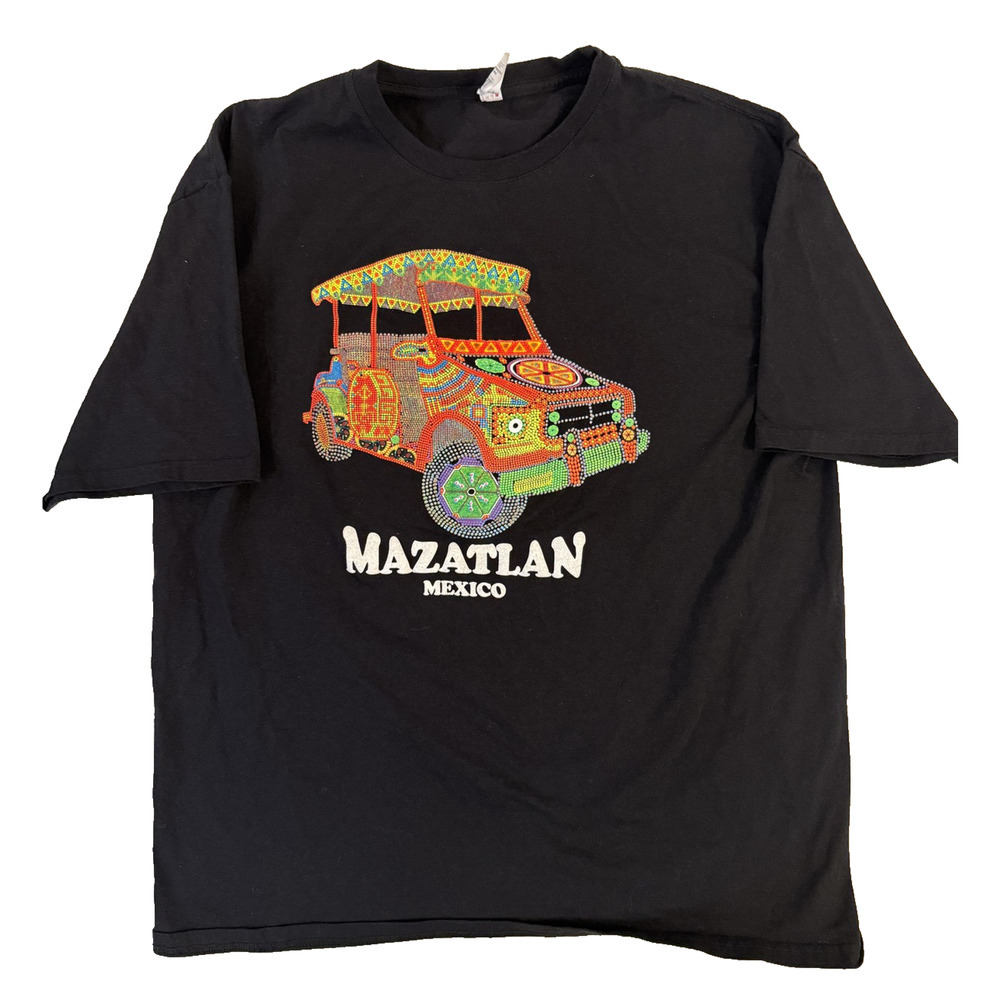 Mazatlan Mexico Shirt Mens XL Black Huichol Art Pulmonia Taxi Beaded Graphic Tee